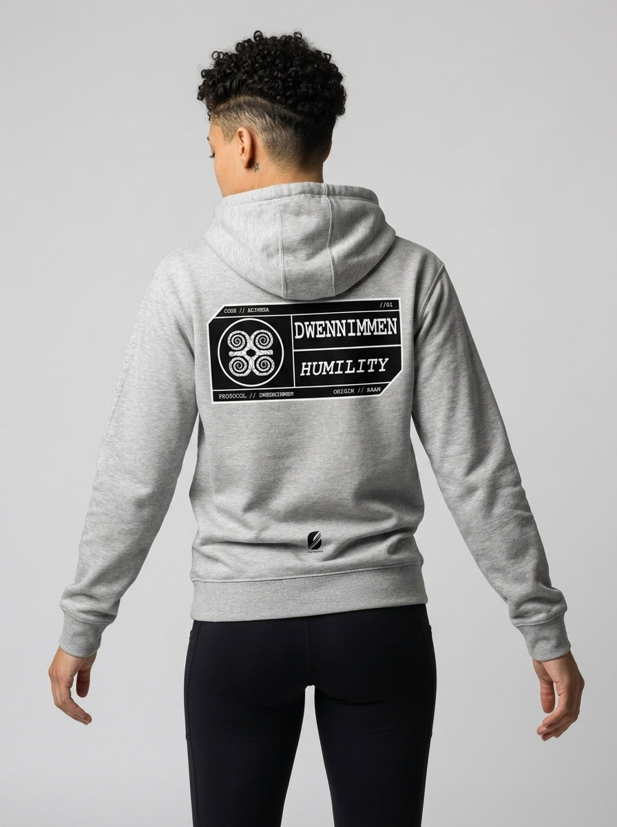 SunBorn Adinkra // Humility Hoodie in Ntụ Gray, back hero view showing the full spec-card panel