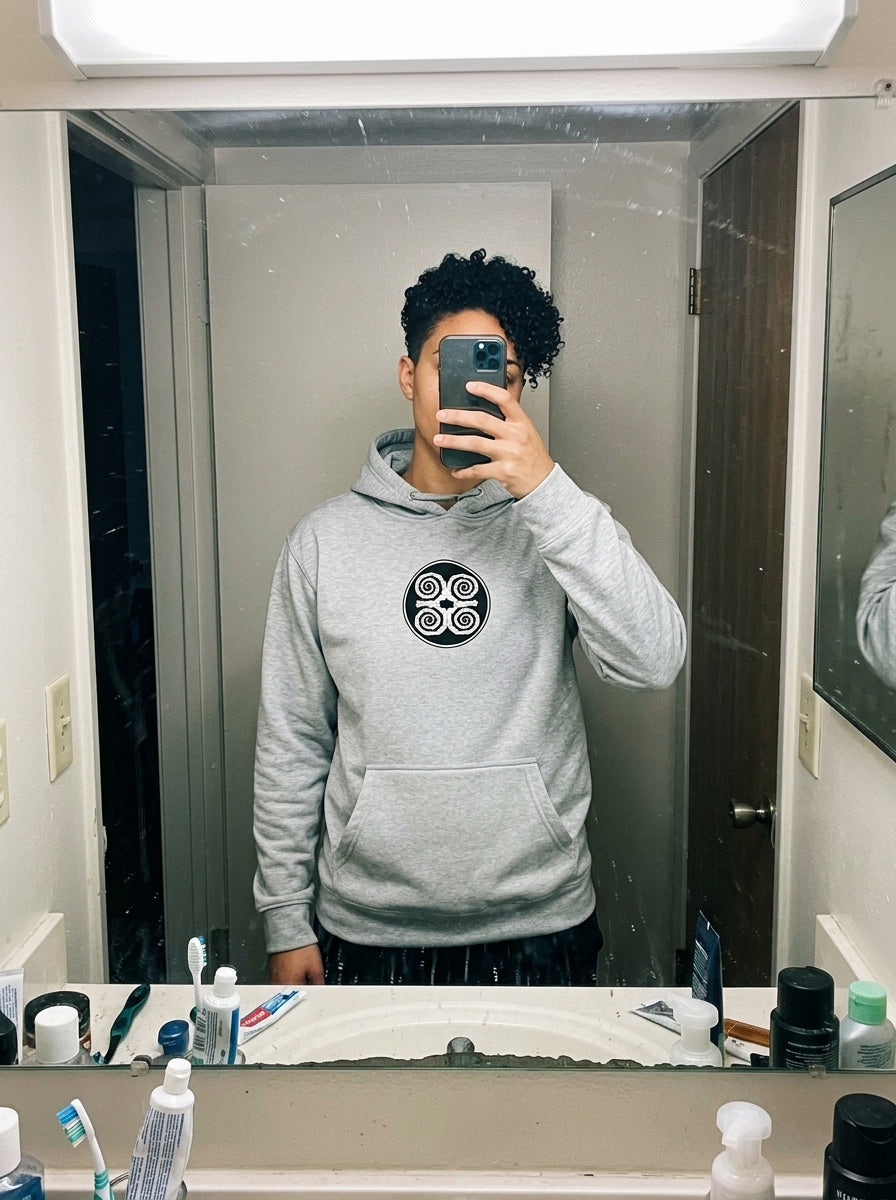 SunBorn Adinkra // Humility Hoodie in Ntụ Gray, customer review styled shot