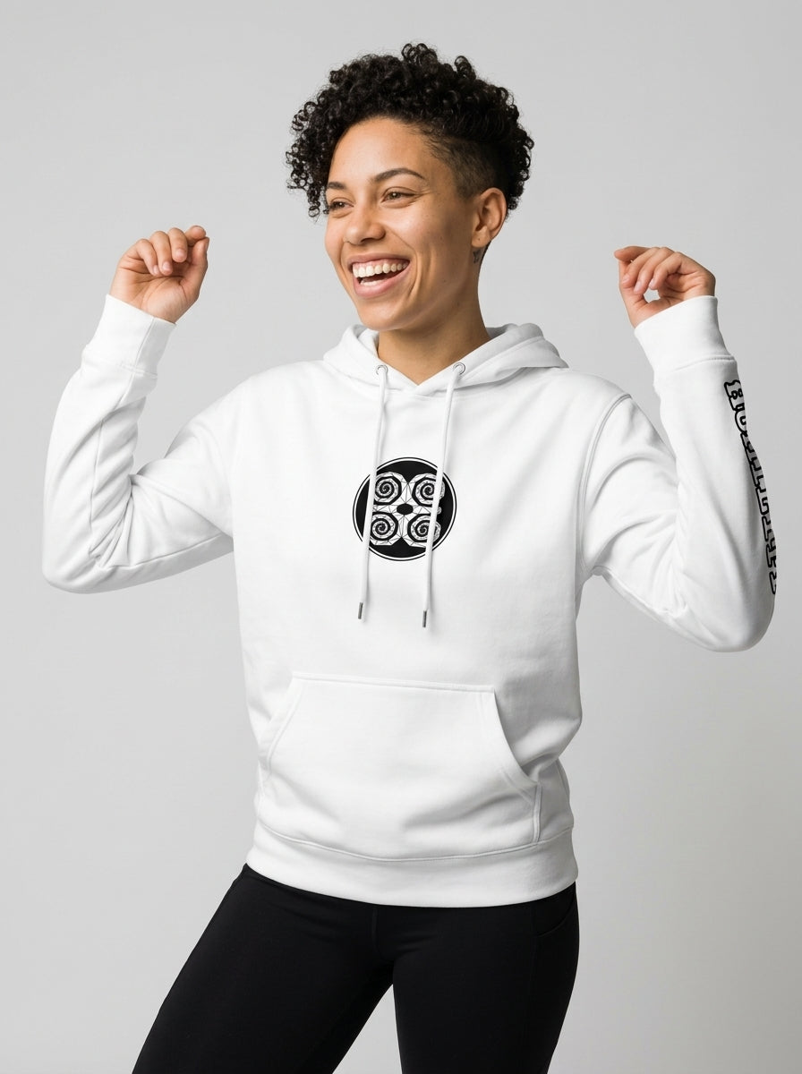 SunBorn Adinkra // Humility Hoodie in Ocha White, front hero view showing the center-chest Dwennimmen badge