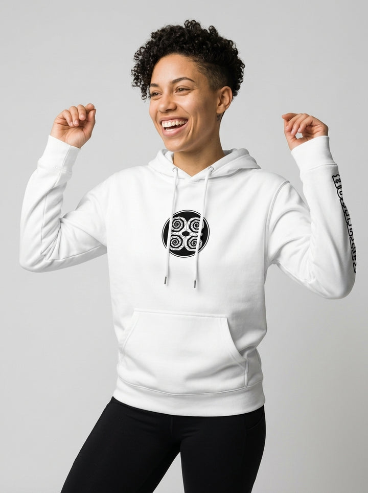 SunBorn Adinkra // Humility Hoodie in Ocha White, front hero view showing the center-chest Dwennimmen badge