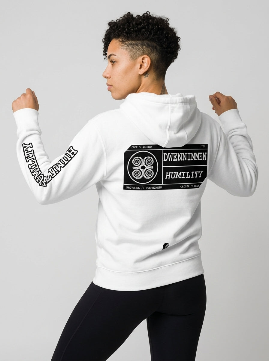 SunBorn Adinkra // Humility Hoodie in Ocha White, back hero view showing the full spec-card panel