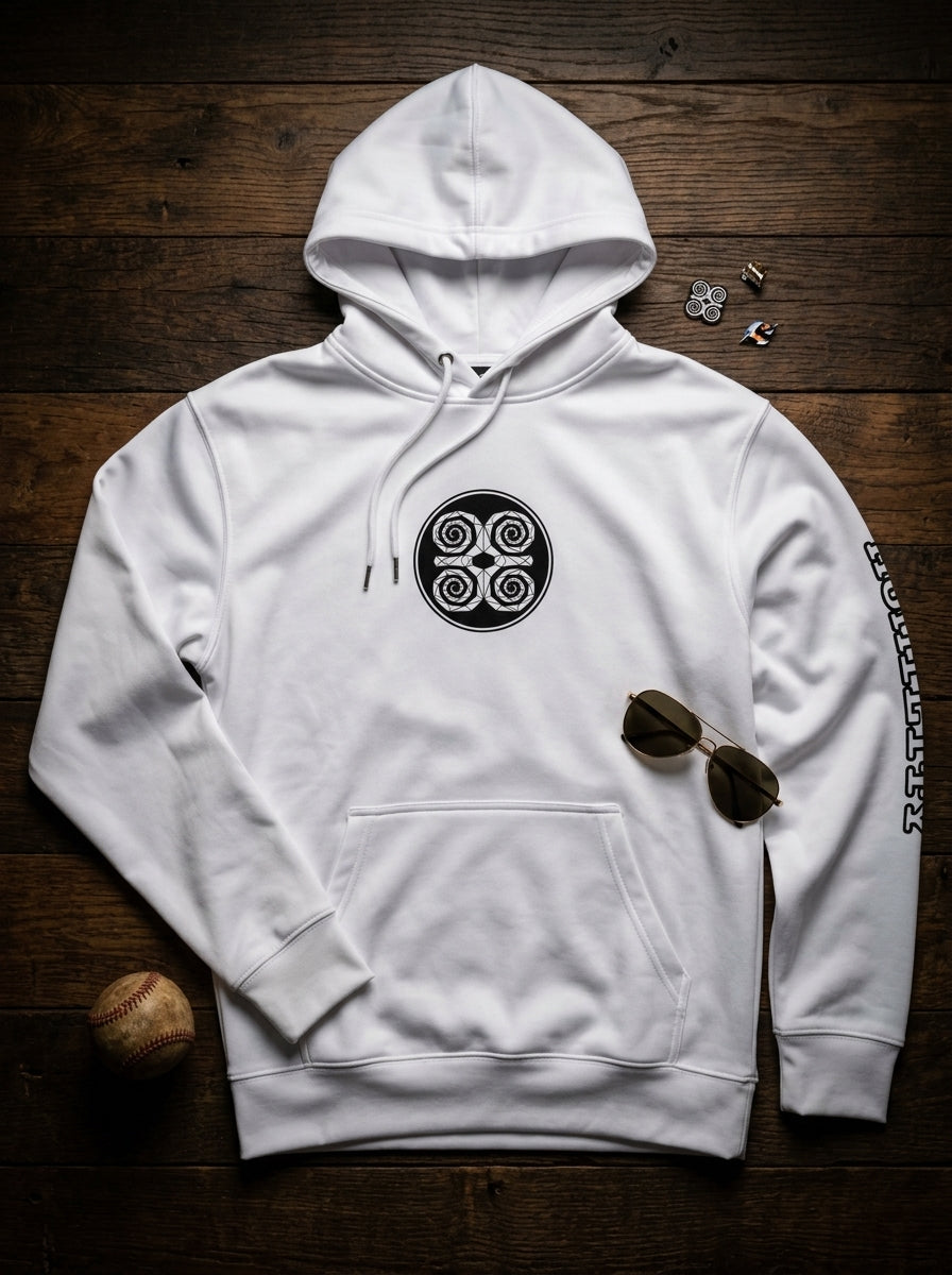 SunBorn Adinkra // Humility Hoodie in Ocha White, styled flat lay