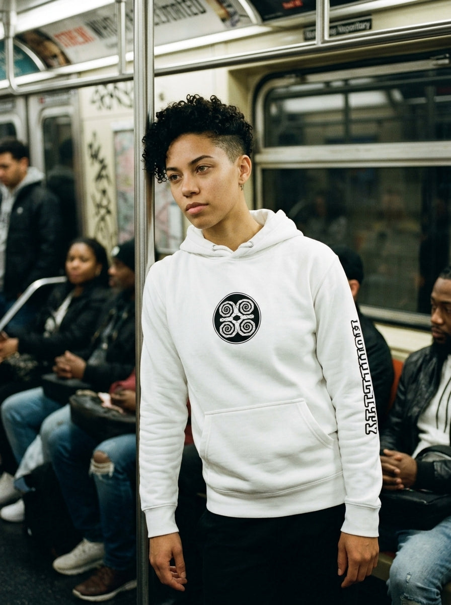 SunBorn Adinkra // Humility Hoodie in Ocha White, styled in a real-world lifestyle setting