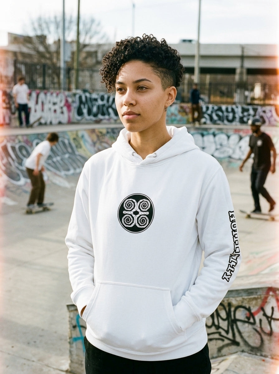 SunBorn Adinkra // Humility Hoodie in Ocha White, on-model fit check