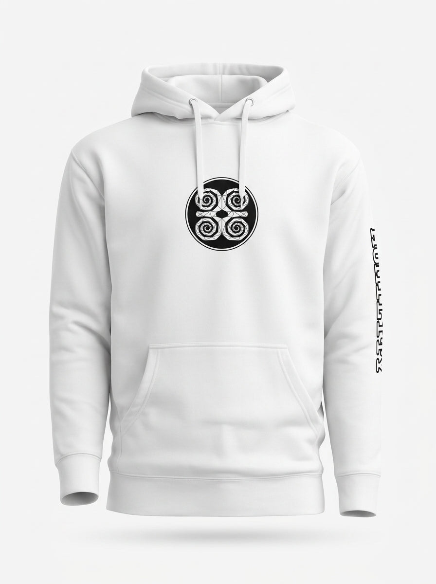 SunBorn Adinkra // Humility Hoodie in Ocha White, ghost mannequin front view