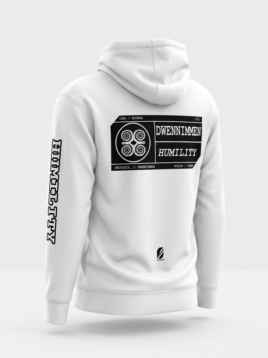 SunBorn Adinkra // Humility Hoodie in Ocha White, ghost mannequin back view showing the full spec-card panel