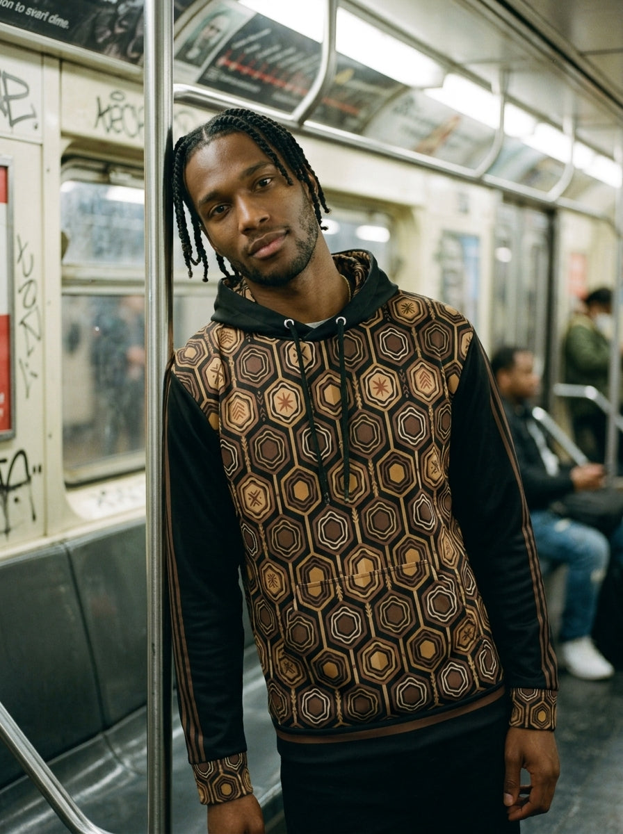 AnanseNova™ // Statement Hoodie in Oji Black — everyday lifestyle shot — SunBorn