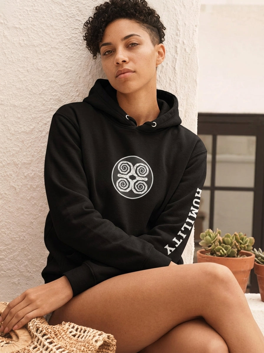 Adinkra // Humility Hoodie in Oji Black — styled lifestyle shot — SunBorn
