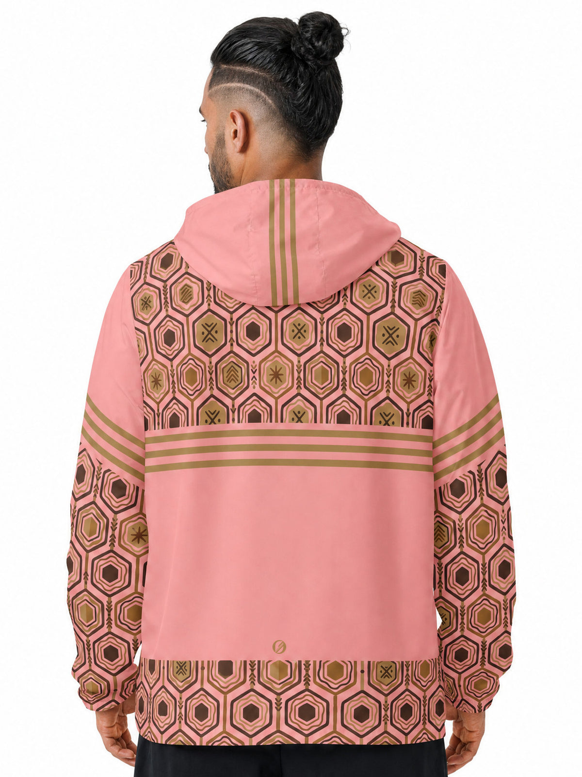 AnanseNova™ Men's Windbreaker in Eze Pink — back view on model, hexagon yoke, triple stripe, solid back panel, SunBorn mark and hexagon hem