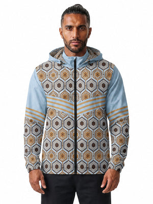 AnanseNova™ Men's Windbreaker in Igwe Blue — front view on model, AnanseNova™ hexagon all-over print with bronze triple-stripe chevron