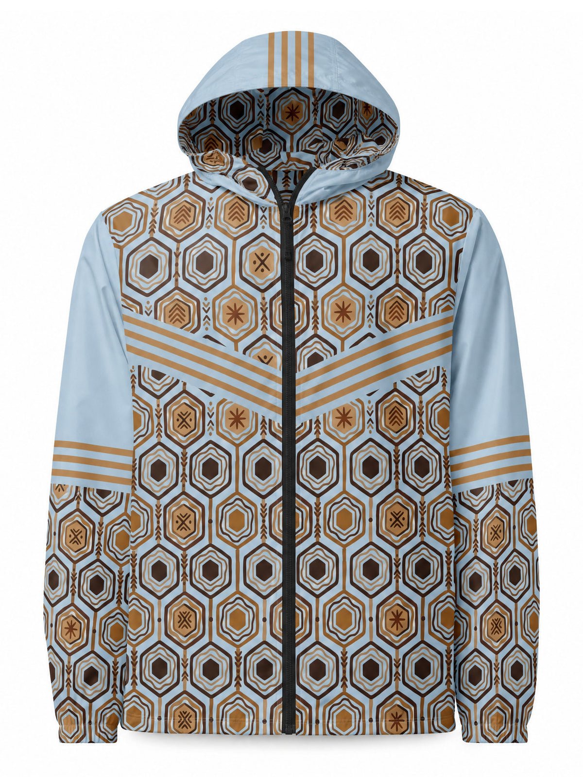 AnanseNova™ Men's Windbreaker in Igwe Blue — ghost mannequin product view, hood up showing hexagon-lined hood