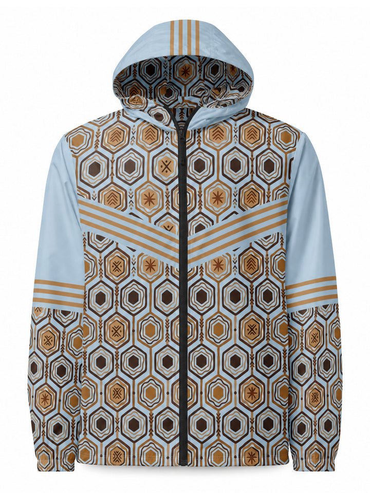 AnanseNova™ Men's Windbreaker in Igwe Blue — ghost mannequin product view, hood up showing hexagon-lined hood