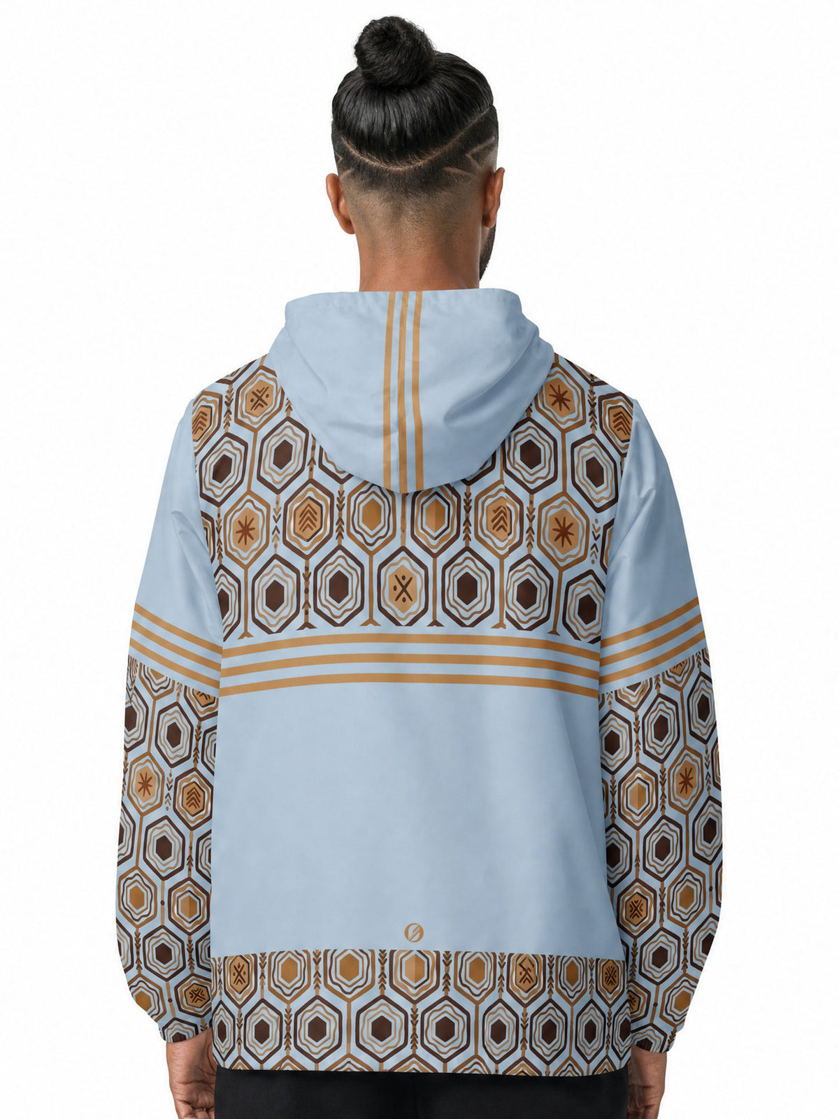 AnanseNova™ Men's Windbreaker in Igwe Blue — back view on model, hexagon yoke, triple stripe, solid back panel, SunBorn mark and hexagon hem
