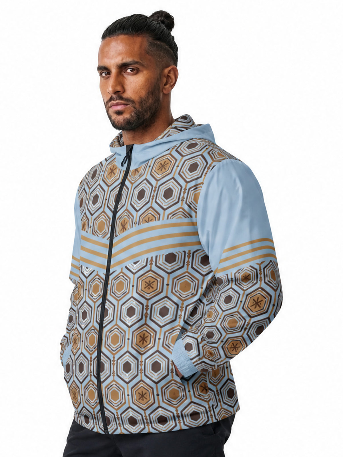 AnanseNova™ Men's Windbreaker in Igwe Blue — three-quarter view on model