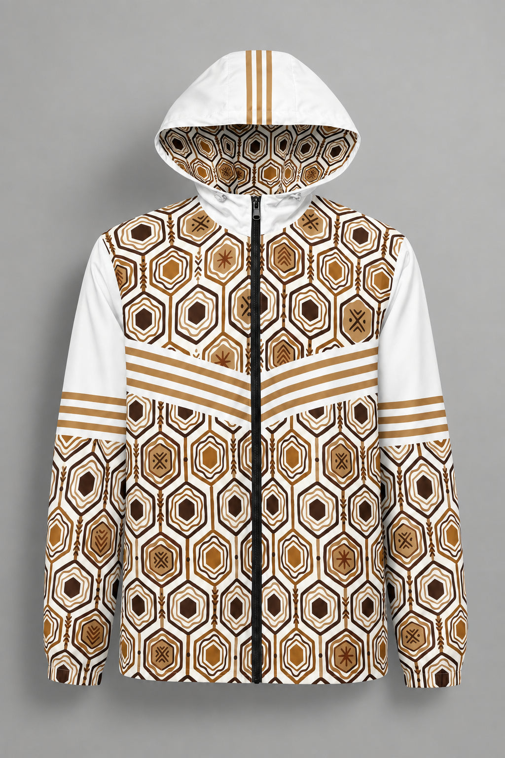 AnanseNova™ Men's Windbreaker in Ocha White — ghost mannequin product view, hood up showing hexagon-lined hood