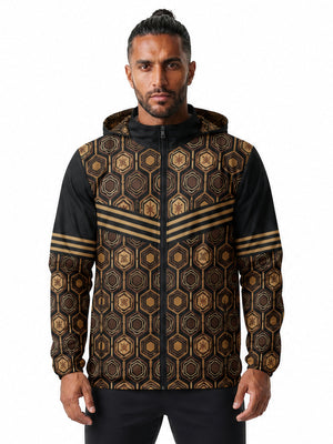 AnanseNova™ Men's Windbreaker in Oji Black — front view on model, AnanseNova™ hexagon all-over print with bronze triple-stripe chevron
