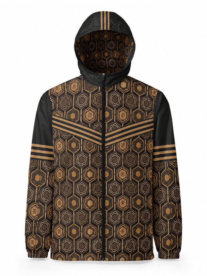 AnanseNova™ Men's Windbreaker in Oji Black — ghost mannequin product view, hood up showing hexagon-lined hood