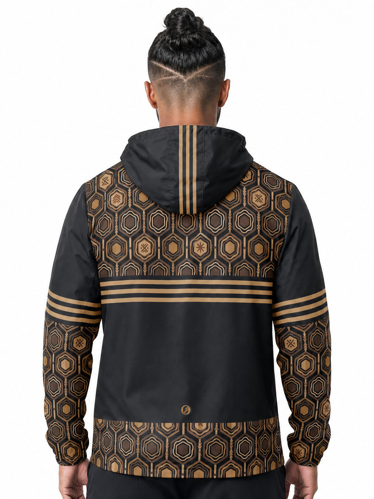AnanseNova™ Men's Windbreaker in Oji Black — back view on model, hexagon yoke, triple stripe, solid back panel, SunBorn mark and hexagon hem