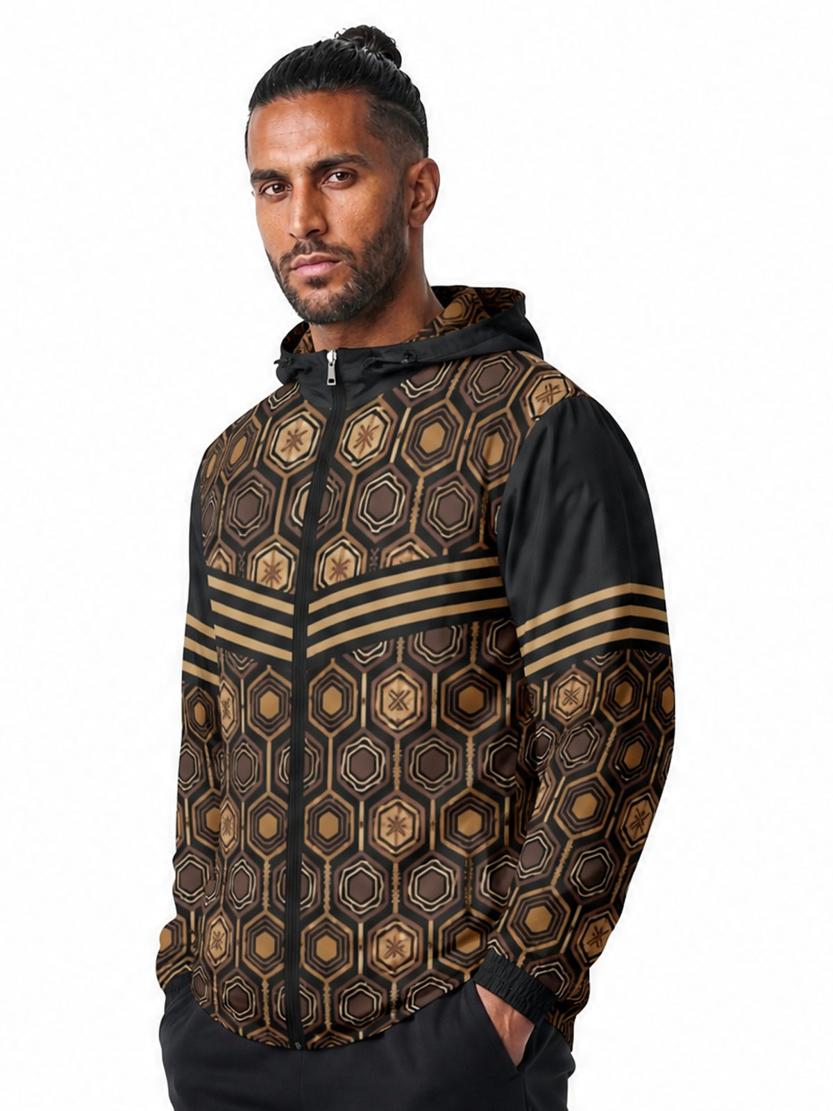 AnanseNova™ Men's Windbreaker in Oji Black — three-quarter view on model