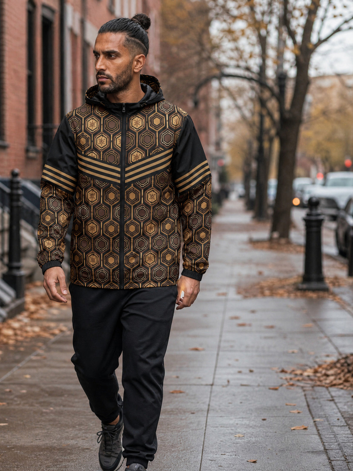 AnanseNova™ Men's Windbreaker in Oji Black — worn on a Philadelphia rowhouse street, autumn street style