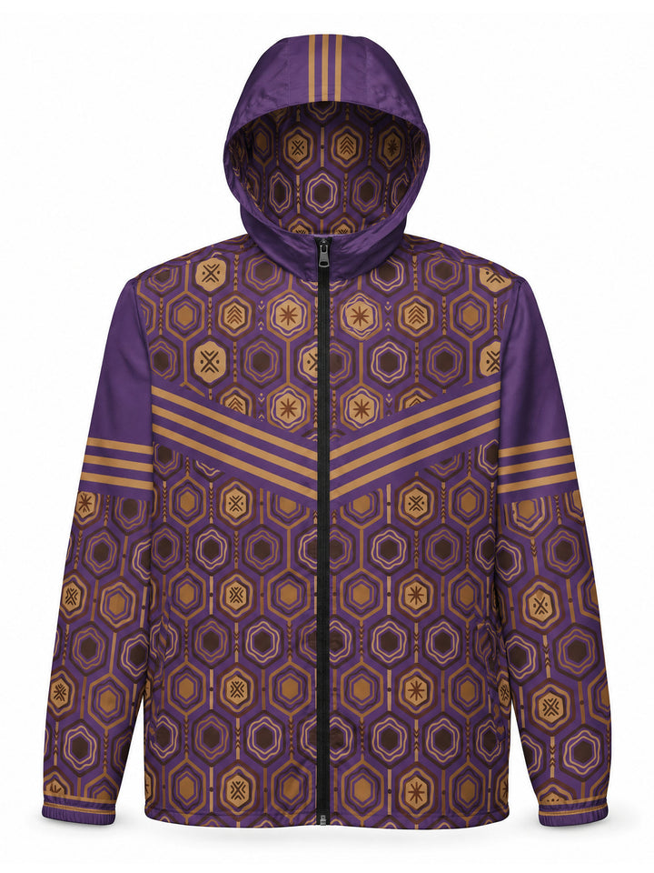 AnanseNova™ Men's Windbreaker in Ugo Purple — ghost mannequin product view, hood up showing hexagon-lined hood