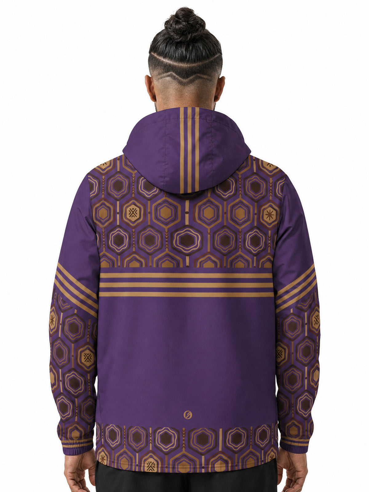 AnanseNova™ Men's Windbreaker in Ugo Purple — back view on model, hexagon yoke, triple stripe, solid back panel, SunBorn mark and hexagon hem