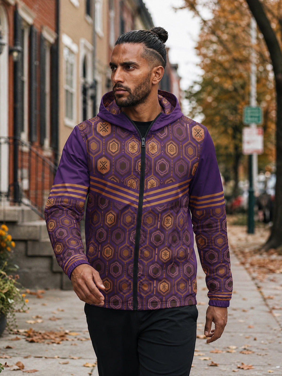 AnanseNova™ Men's Windbreaker in Ugo Purple — worn on a Philadelphia rowhouse street, autumn street style