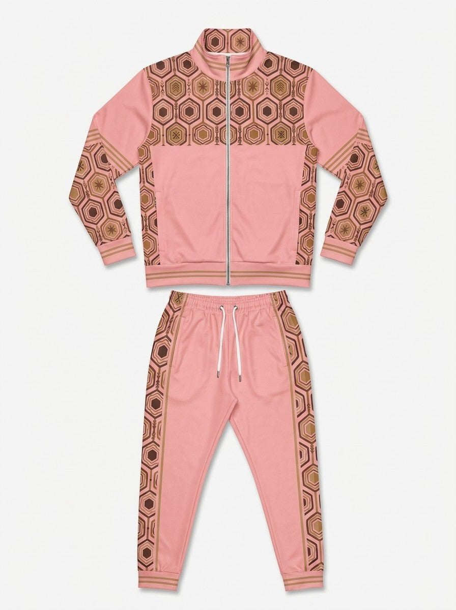 AnanseNova™ Track Jacket + Joggers Set in Eze Pink laid out flat: full-zip track jacket above the matching joggers