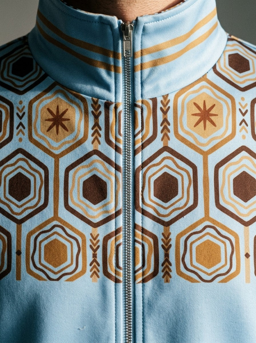 Close-up of the AnanseNova™ Track Jacket in Igwe Blue: striped collar, zip and the brown and gold hexagon print yoke