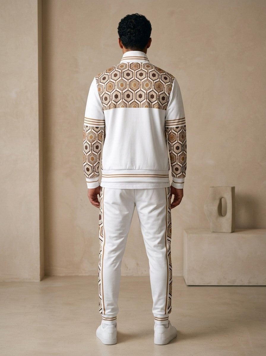 AnanseNova™ Track Jacket + Joggers Set in Ocha White, back view on model showing the hexagon print yoke, printed sleeves and jogger side stripes