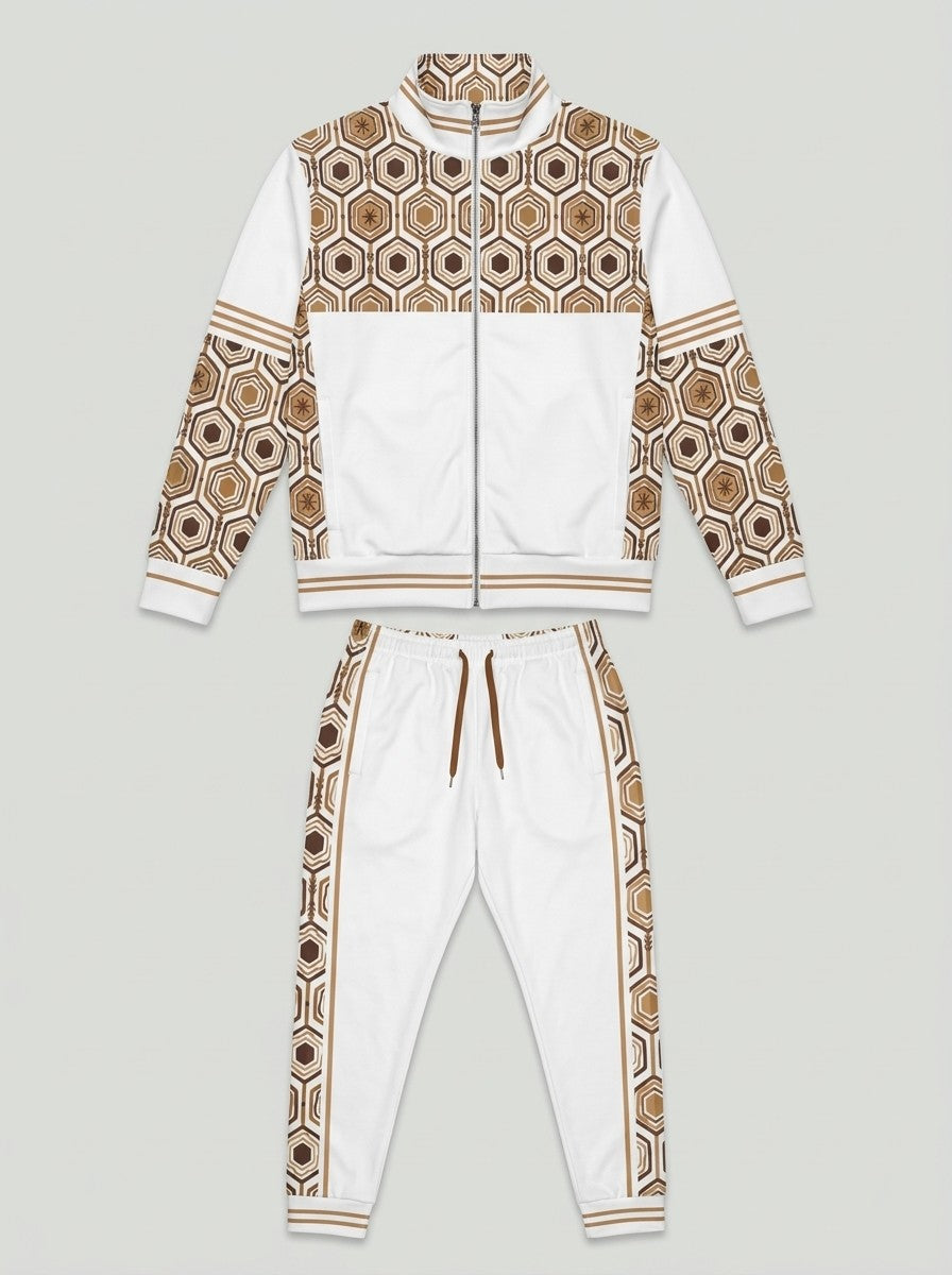 AnanseNova™ Track Jacket + Joggers Set in Ocha White laid out flat: full-zip track jacket above the matching joggers