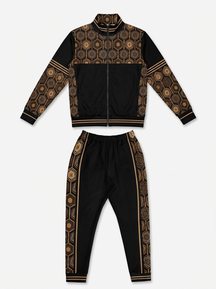 AnanseNova™ Track Jacket + Joggers Set in Oji Black laid out flat: full-zip track jacket above the matching joggers