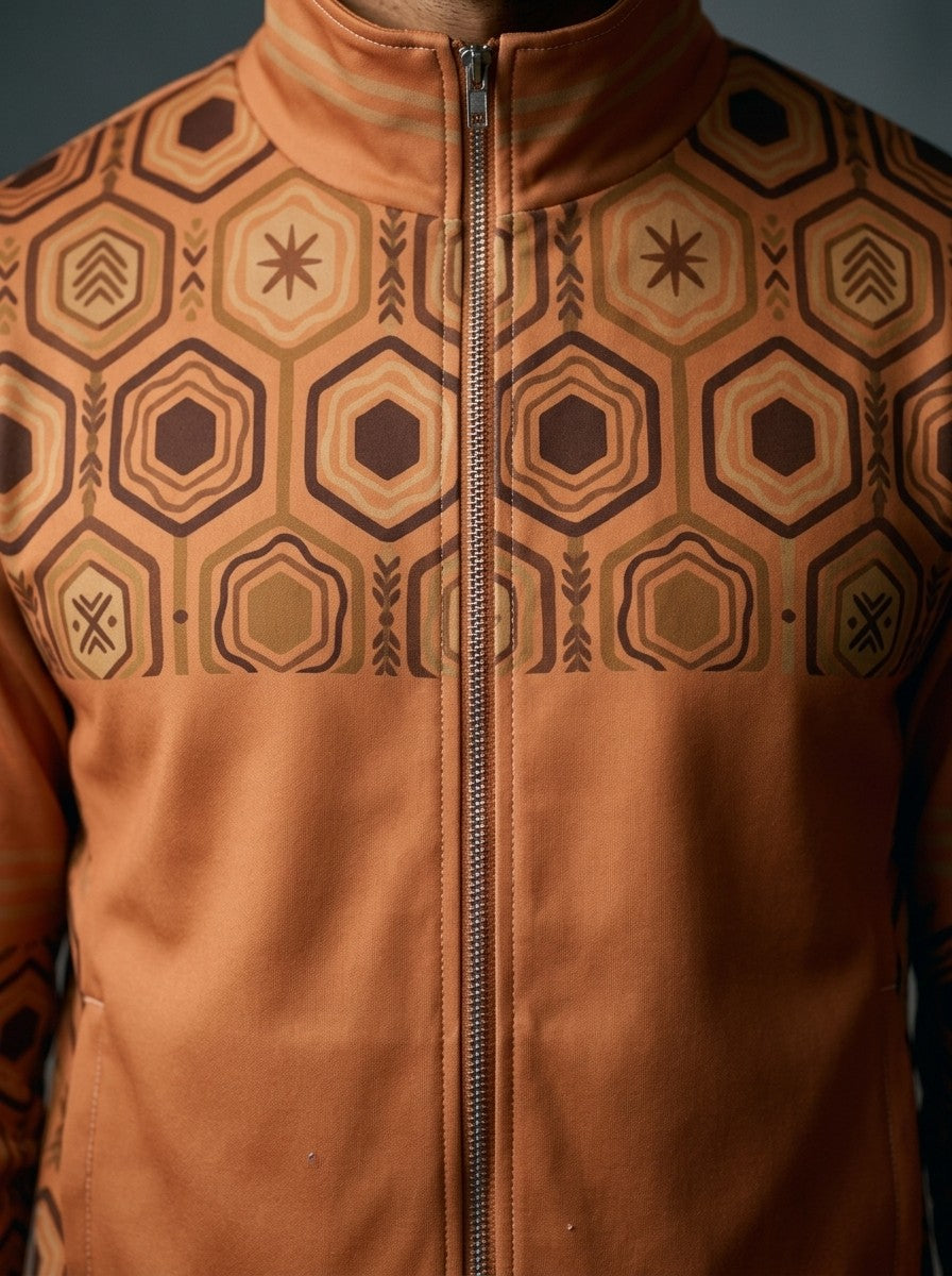 Close-up of the AnanseNova™ Track Jacket in Sango Orange: striped stand collar, zip and the hexagon print yoke