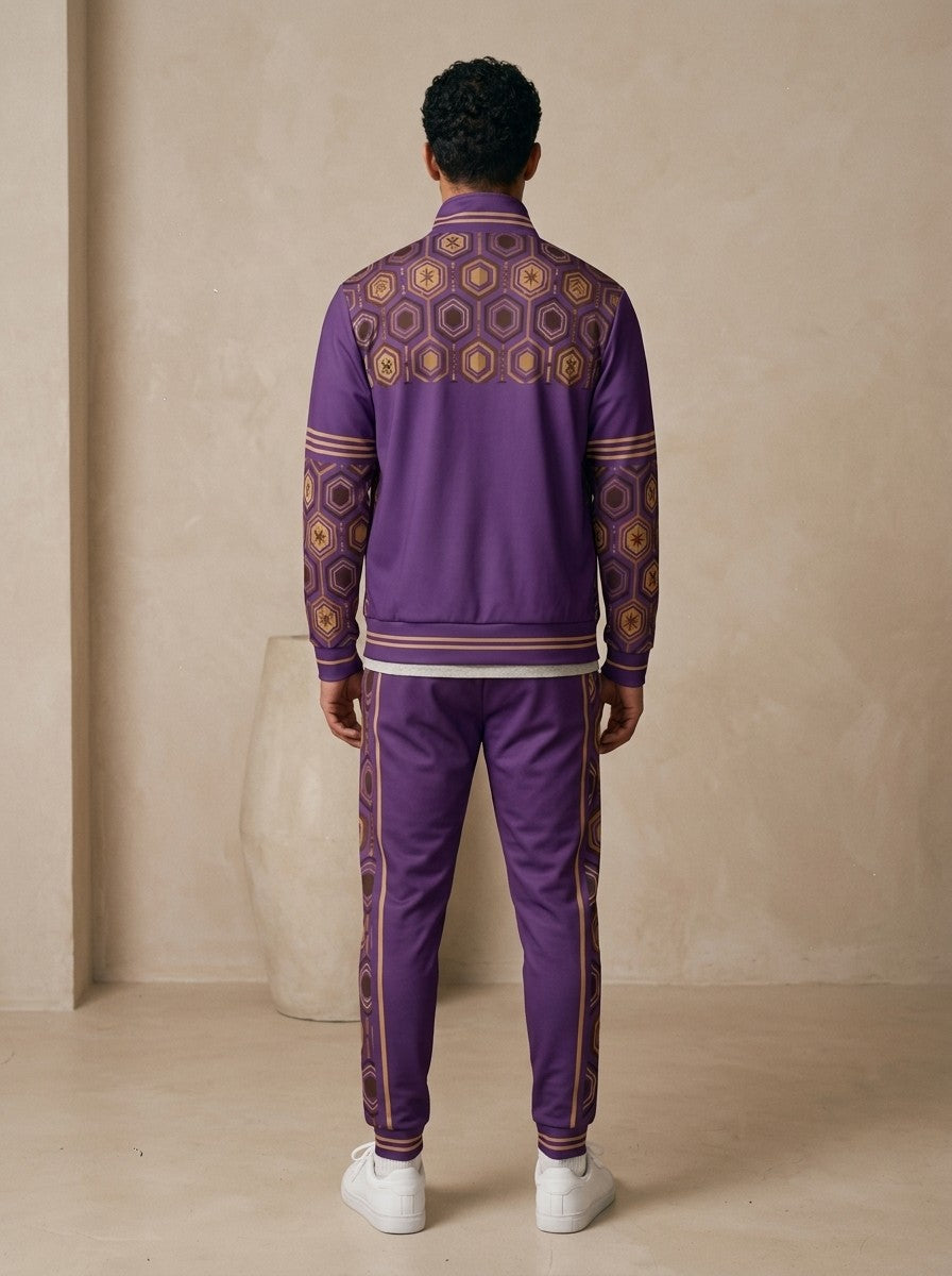AnanseNova™ Track Jacket + Joggers Set in Ugo Purple, back view on model showing the hexagon print yoke, printed sleeves and jogger side stripes
