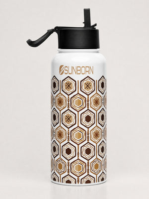 AnanseNova™ Water Bottle in Ocha White, 32 oz, bronze hexagon print with SunBorn wordmark, studio front