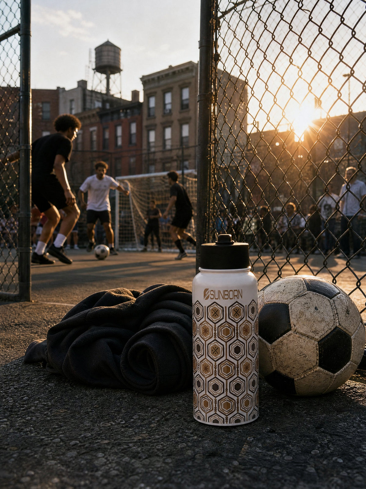 AnanseNova™ Water Bottle beside a soccer ball at a Brooklyn pickup court