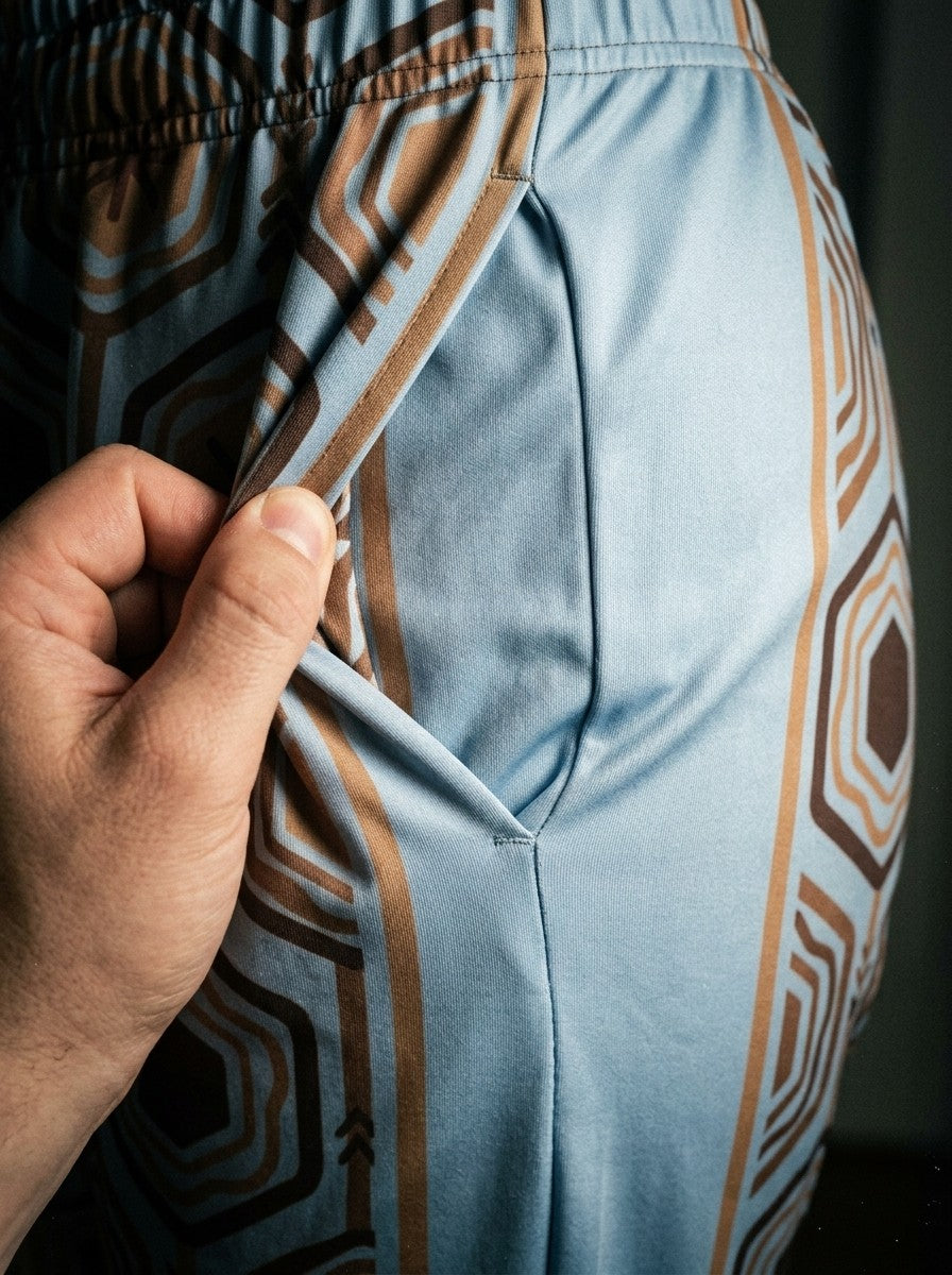 Close-up of the side pocket on Igwe Blue AnanseNova™ women's joggers, showing the bronze side stripe, light blue side panel and hexagon print