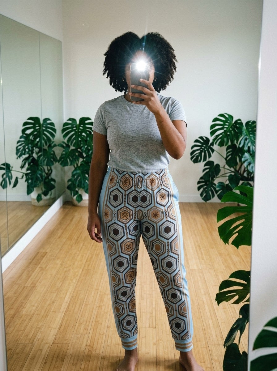 Mirror selfie in a plant-filled sunlit room wearing AnanseNova™ Women's Joggers in Igwe Blue with a grey tee