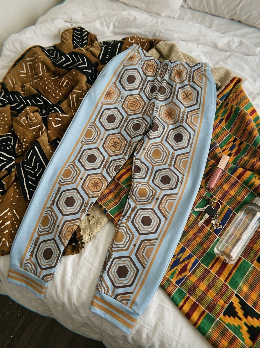 AnanseNova™ Women's Joggers in Igwe Blue laid on a bed with mudcloth and kente throws, keys, lip gloss and a water bottle