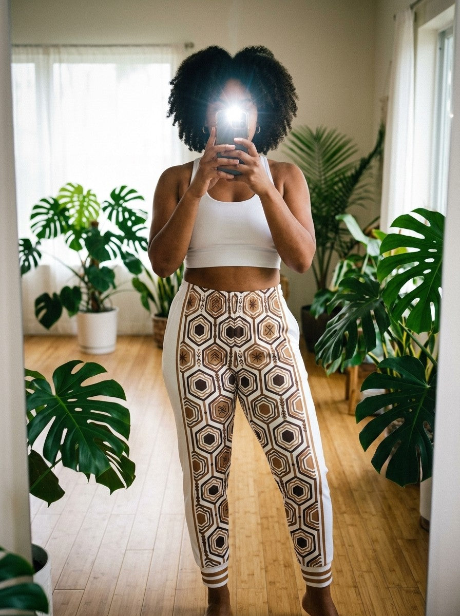Mirror selfie in a plant-filled sunlit room wearing AnanseNova™ Women's Joggers in Ocha White with a white crop top