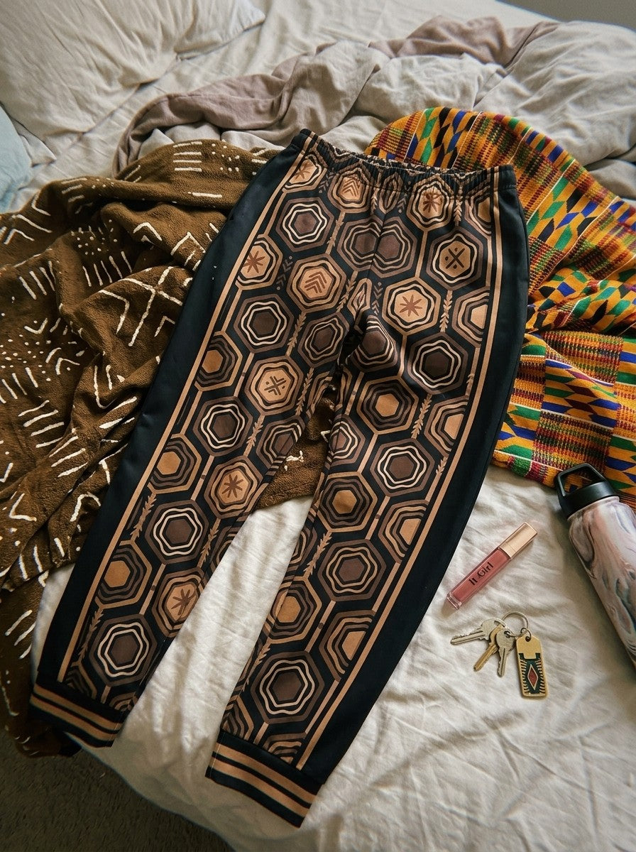 AnanseNova™ Women's Joggers in Oji Black laid on a bed with mudcloth and kente throws, keys, lip gloss and a water bottle