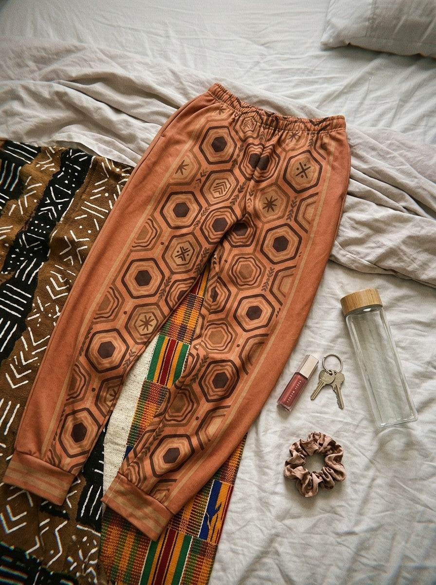 AnanseNova™ Women's Joggers in Sango Orange laid on a bed with mudcloth and kente throws, keys, lip gloss, a scrunchie and a water bottle