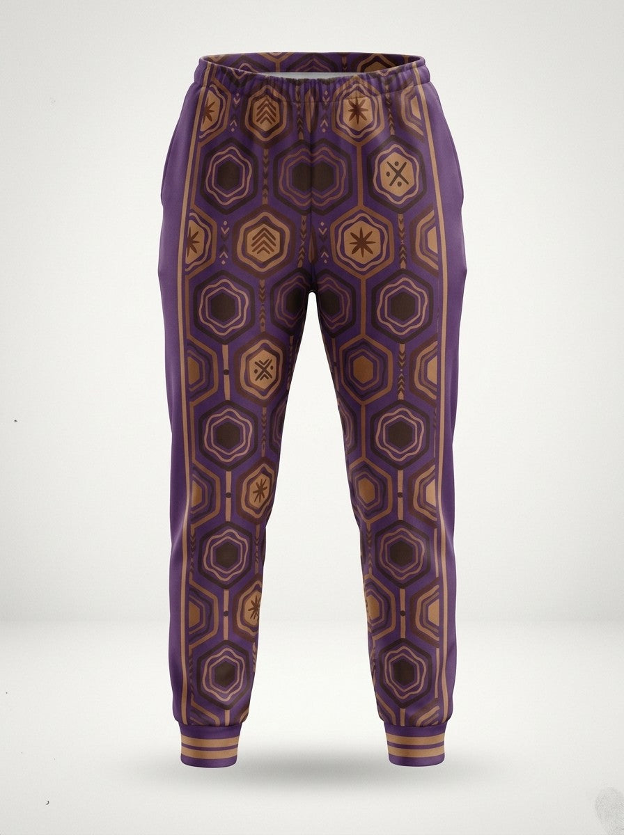 Ghost-mannequin front view of AnanseNova™ Women's Joggers in Ugo Purple, AnanseNova™ hexagon print across both legs with bronze-striped rib cuffs