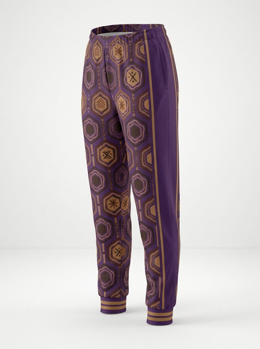 Three-quarter ghost-mannequin view of AnanseNova™ Women's Joggers in Ugo Purple showing the purple side panel, pocket and bronze side stripes