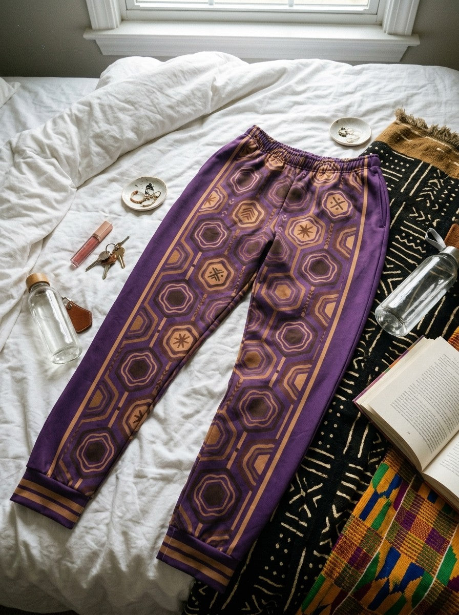AnanseNova™ Women's Joggers in Ugo Purple laid on a bed with mudcloth and kente throws, an open book, keys, lip gloss and water bottles