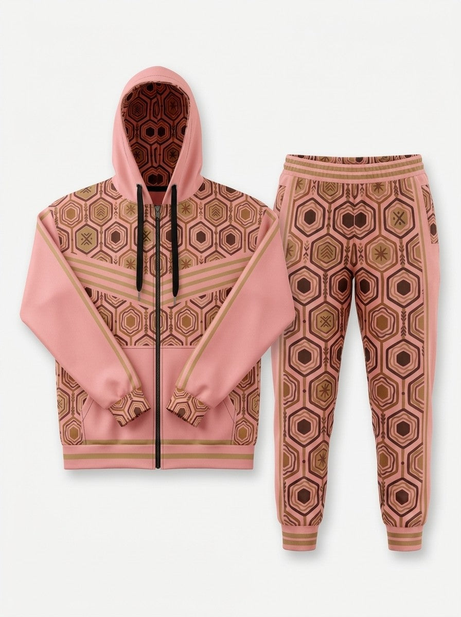 Flat lay of the Adaeze Pink AnanseNova™ women's Zip Hoodie and Joggers side by side, showing the printed hood lining, chest web and full-leg hexagon print | SunBorn
