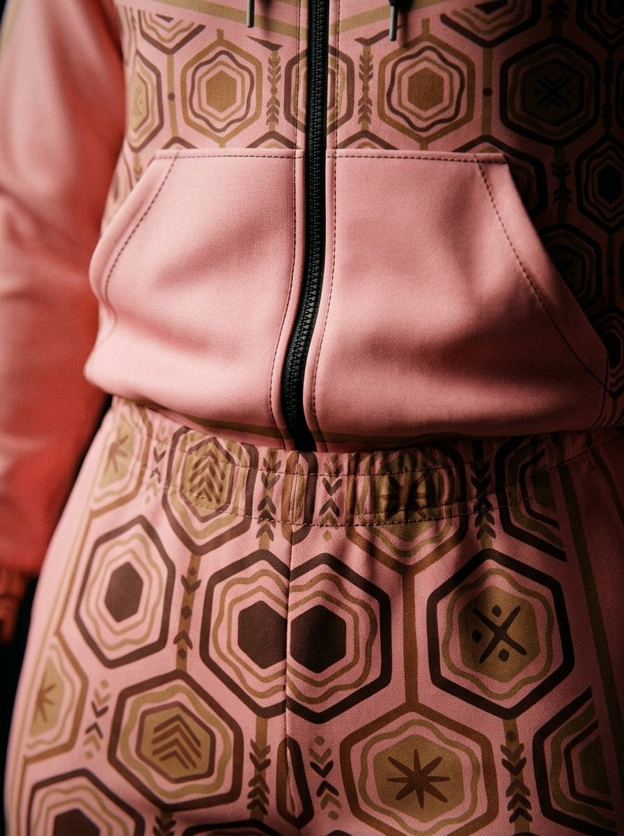 Close-up of the Adaeze Pink AnanseNova™ women's set: zip hoodie pocket, bronze-striped hem and sublimation hexagon print on AkomaDrive™ fleece joggers | SunBorn