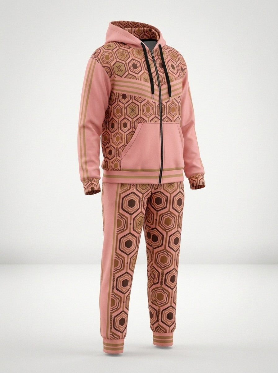 Three-quarter left ghost-mannequin view of the Adaeze Pink AnanseNova™ women's Zip Hoodie + Joggers set, showing the jogger side panel and twin bronze pinstripes | SunBorn