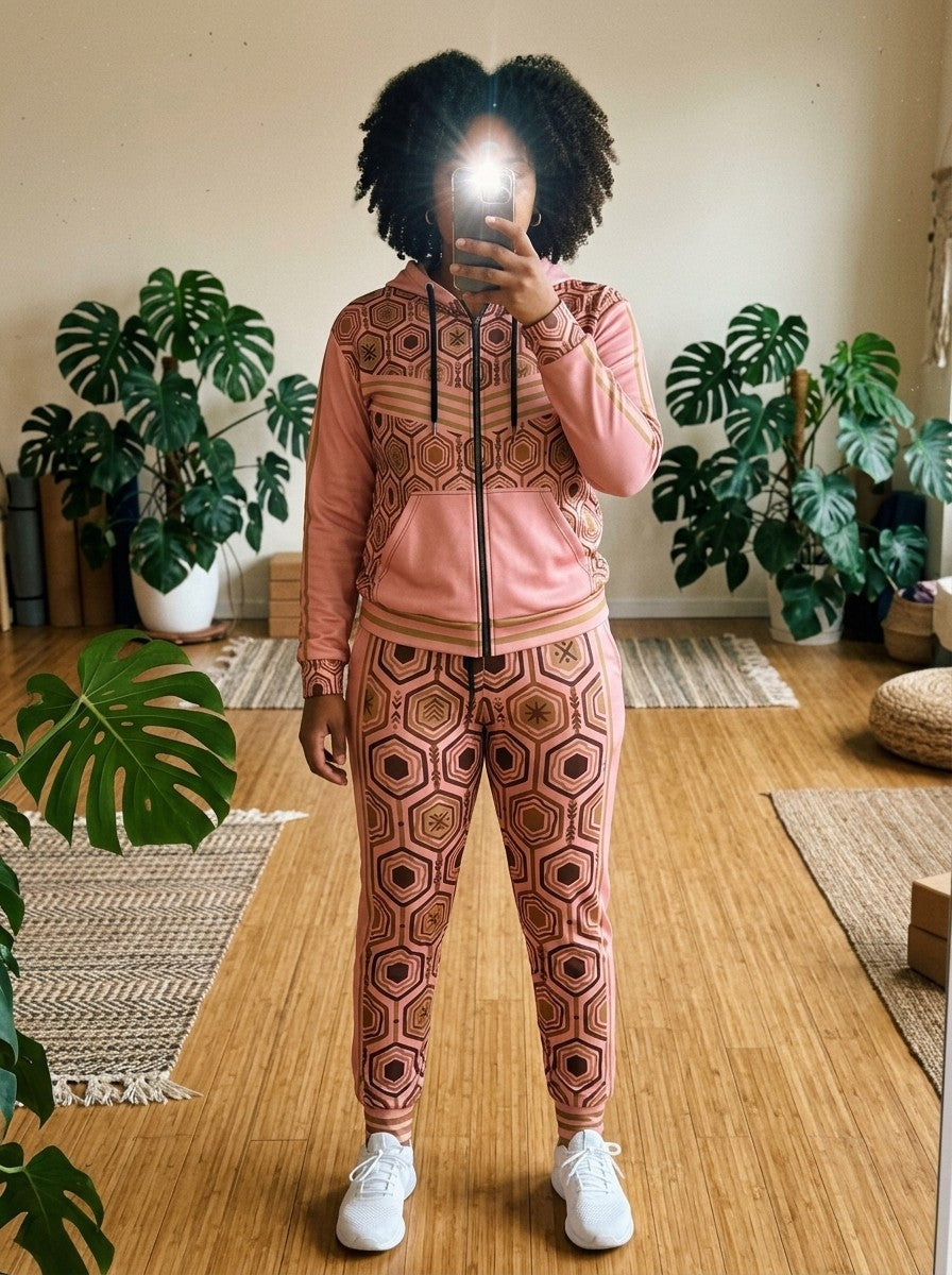 Lifestyle shot of the AnanseNova™ women's Zip Hoodie + Joggers set in Adaeze Pink, worn in a plant-filled home studio | SunBorn