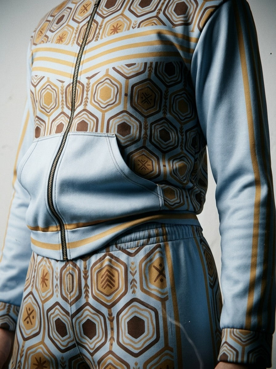 Close-up of the Igwe Blue AnanseNova™ women's set: zip hoodie pocket, bronze-striped hem and sublimation hexagon print on AkomaDrive™ fleece joggers | SunBorn
